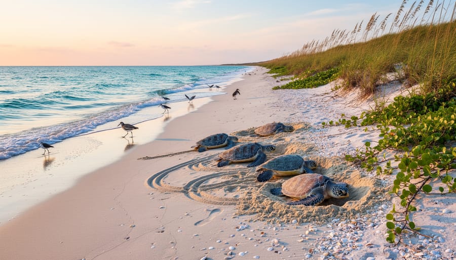 Sea turtle nesting area on sandy beach with natural dune vegetation and ocean backdrop