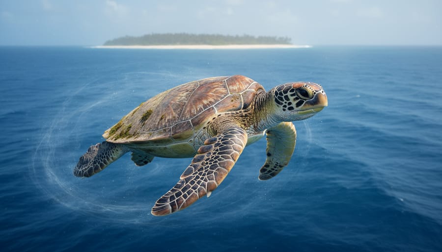 Green sea turtle swimming over vibrant coral reef in clear tropical ocean water