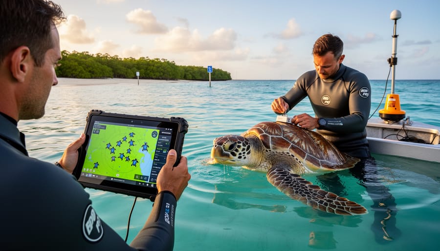 Marine biologist swimming underwater next to sea turtle with tracking device in coral reef habitat