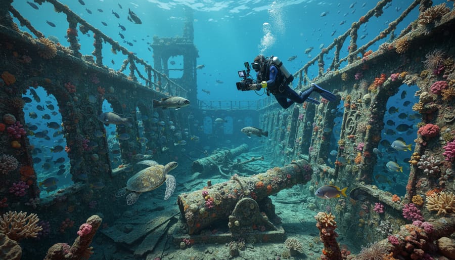 Coral-encrusted shipwreck serving as artificial reef habitat with schools of fish