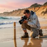 A person kneels on wet sand at golden hour, taking a smartphone photo of a plain wooden stake at the high-tide line, with eroded dune scarps and breaking waves behind them and seabirds in the distance.