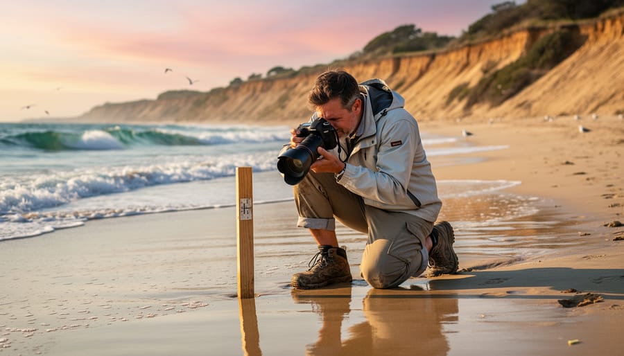 A person kneels on wet sand at golden hour, taking a smartphone photo of a plain wooden stake at the high-tide line, with eroded dune scarps and breaking waves behind them and seabirds in the distance.