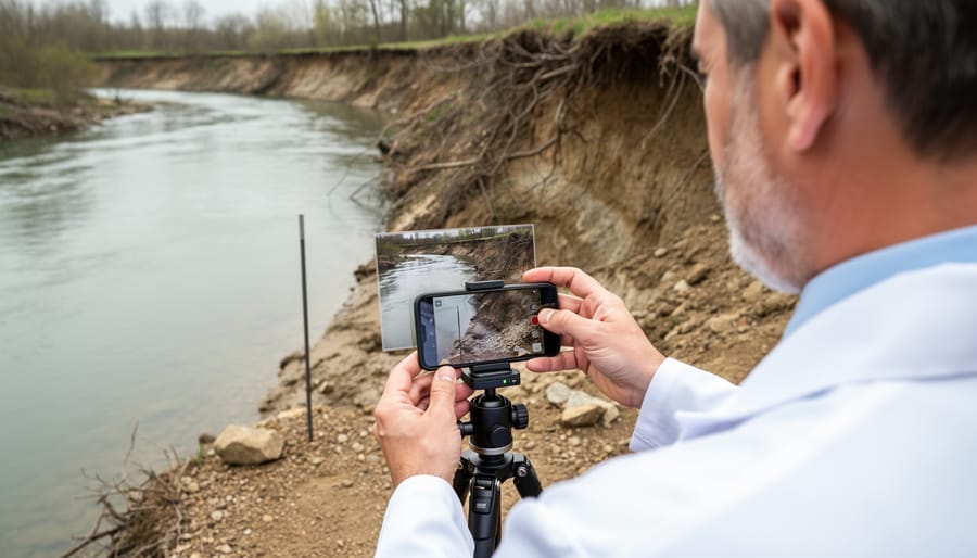 Hands holding smartphone taking photo of coastal reference points for erosion monitoring