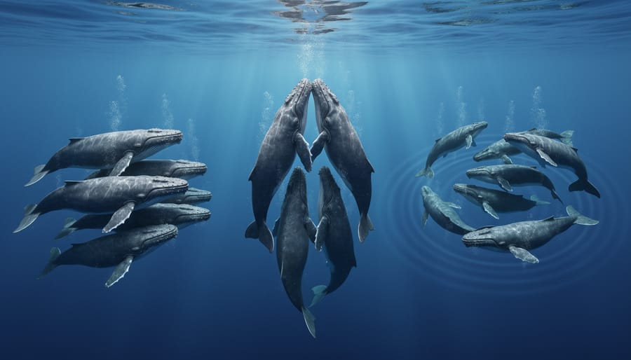 Pod of sperm whales in vertical formation in deep blue ocean water