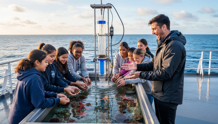 Diverse group of students at ship's bow observing Great Lakes waters during educational program