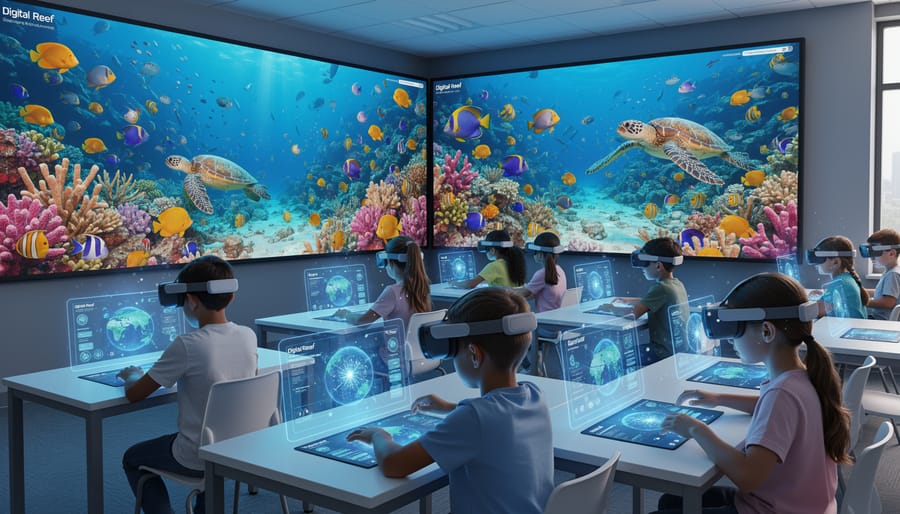 Students studying 3D digital coral reef models on computer screens in university classroom