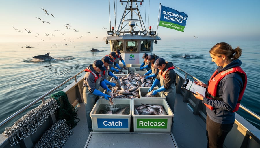 Underwater view of fishing boat with sustainable fishing nets and sunlight filtering through water