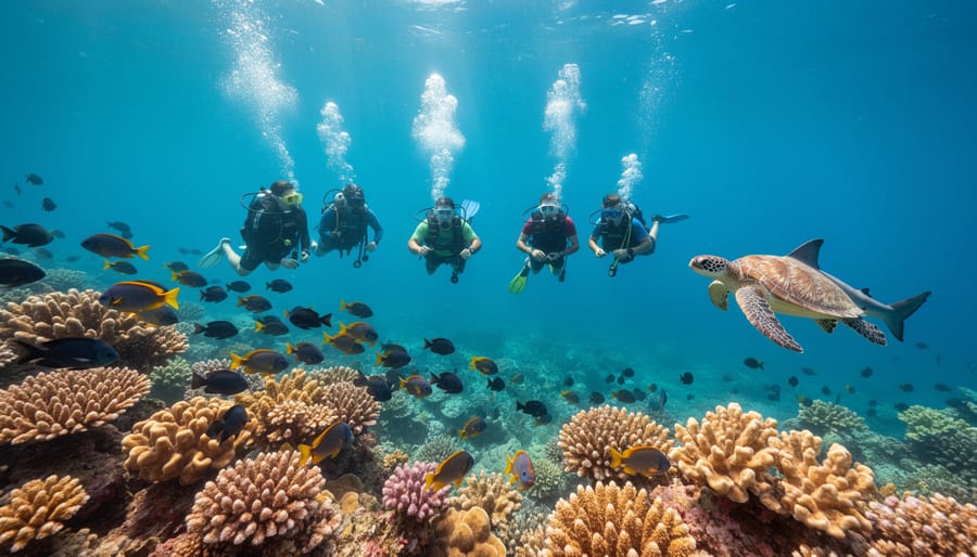 Snorkeler observing colorful coral reef from a respectful distance in clear tropical waters
