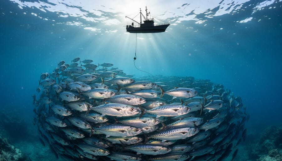 Underwater view of a dense school of silvery mackerel in clear blue water with sunbeams, and the silhouette of a small fishing boat at the surface deploying selective line gear, conveying responsible wild-capture fishing and healthy fish populations.