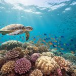 Wide underwater photo of a vibrant coral reef with branching and boulder corals, a green sea turtle, and schools of orange anthias and blue damselfish under sunbeams in clear tropical water, with a distant reef slope and schooling fish silhouettes.