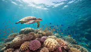 Wide underwater photo of a vibrant coral reef with branching and boulder corals, a green sea turtle, and schools of orange anthias and blue damselfish under sunbeams in clear tropical water, with a distant reef slope and schooling fish silhouettes.
