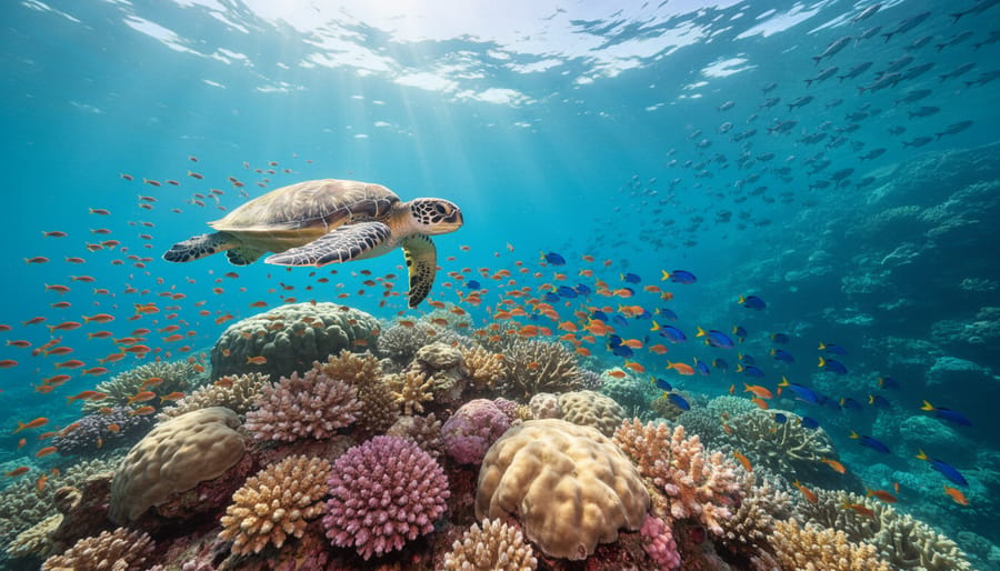 Wide underwater photo of a vibrant coral reef with branching and boulder corals, a green sea turtle, and schools of orange anthias and blue damselfish under sunbeams in clear tropical water, with a distant reef slope and schooling fish silhouettes.