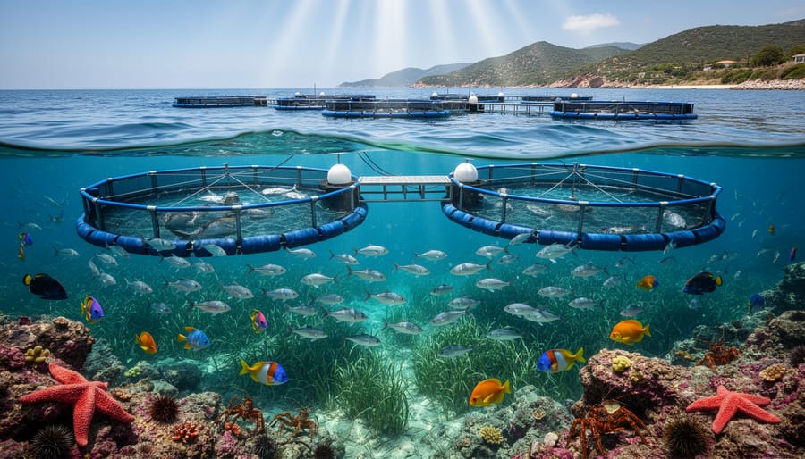 School of fish swimming in clear ocean water with healthy coral and seaweed