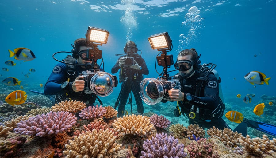 Marine biologist using underwater camera equipment to photograph coral reef for digital reconstruction