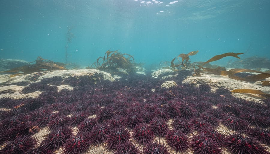 Barren rocky seafloor covered with sea urchins where kelp forest once thrived