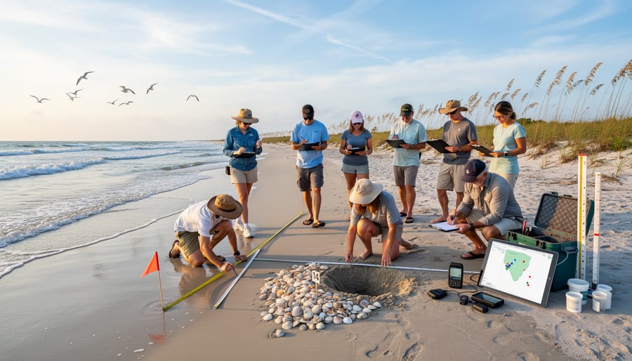Diverse group of volunteers monitoring sea turtle activity on Florida beach at sunrise