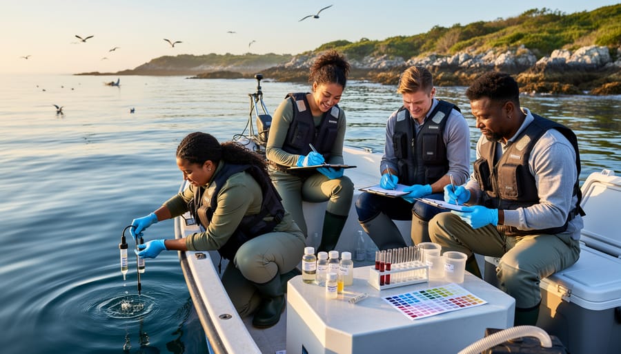 Volunteers collecting ocean water samples for chemical pollution monitoring at coastal site