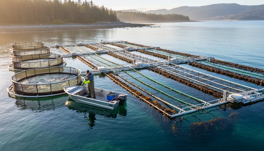 Aerial view of circular fish pens next to kelp lines and mussel rafts in clear coastal water at sunset, with a small workboat and a forested shoreline in the distance.