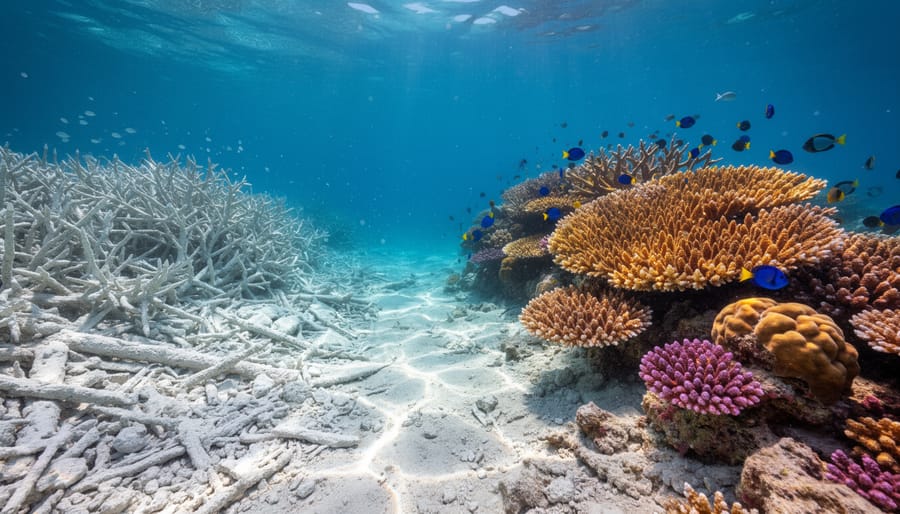 Underwater view of bleached coral rubble with a few remaining small green coral polyps