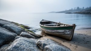 Foggy granite coastline with a small wooden boat resting on wet sand and a calm reflective sea in the distance.