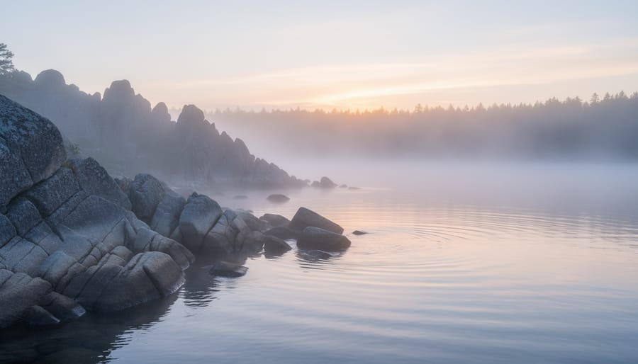 Fog rolling over granite rocks and ocean shoreline with a faint distant boat silhouette
