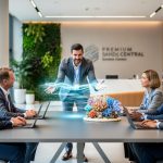 “Marine biologist leading a marine biodiversity workshop in a modern Sandton office lobby with an ocean wave and coral reef visual displayed nearby.”