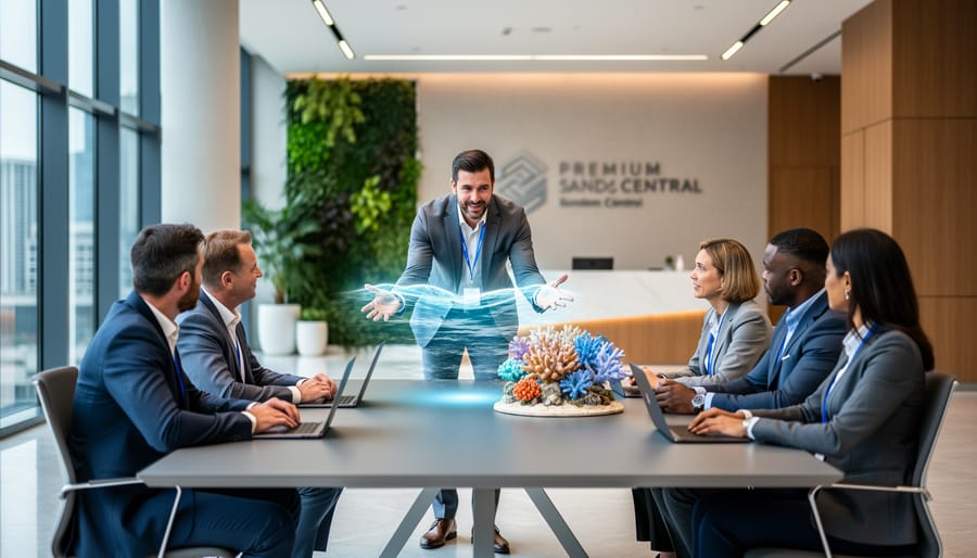 “Marine biologist leading a marine biodiversity workshop in a modern Sandton office lobby with an ocean wave and coral reef visual displayed nearby.”