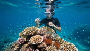 Underwater view of a coral reef with a diver and subtle teal glowing nanoscale particles near the corals, evoking quantum nanotechnology for reef restoration.