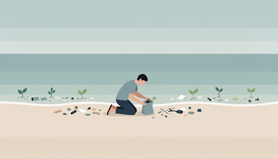Person removing small plastic debris from a rocky tide line near the ocean