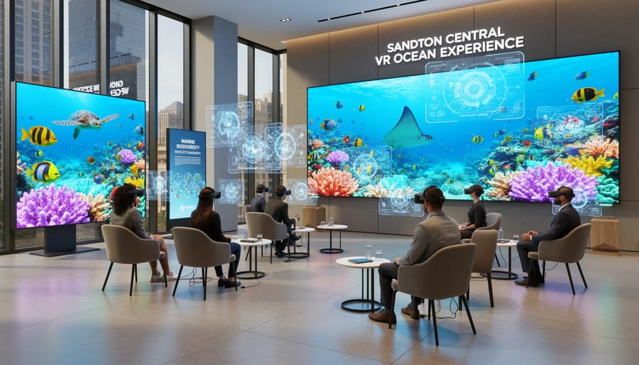 Person wearing a VR headset in an urban education room with a coral reef projection in the background