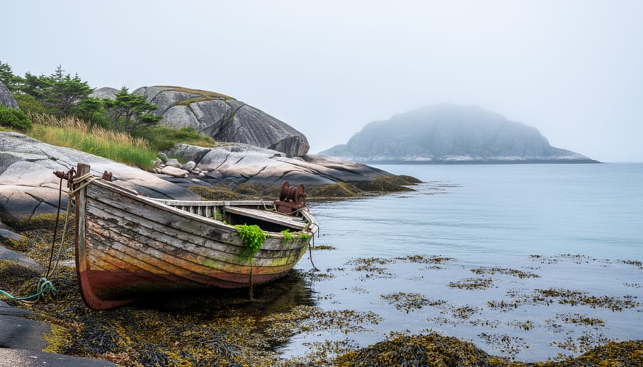 Weathered wooden boat on wet sand near granite islands under light fog
