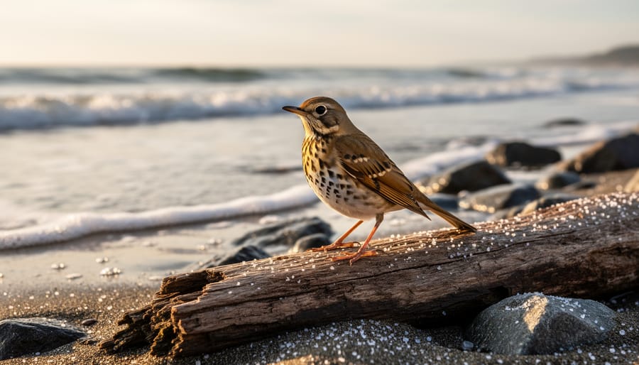 Woodthrush perched on a damp coastal branch above salt-stained rocks