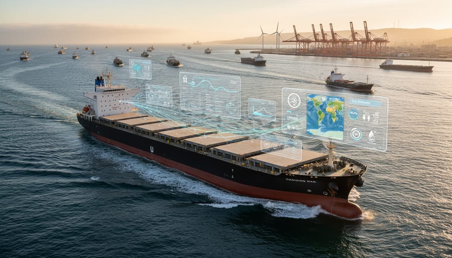 A cargo ship traveling on dark blue ocean water at dusk with a glowing horizon in the distance.