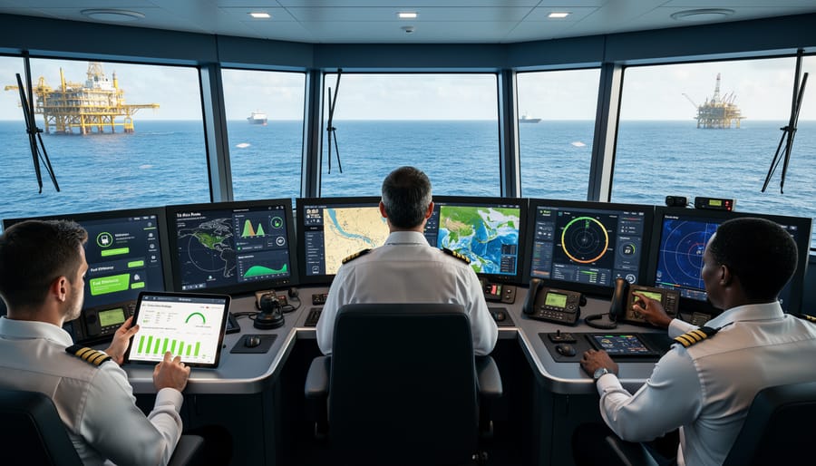 A maritime technician holding a tablet near a sensor unit inside a ship operations room.