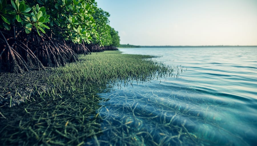 Sunlit coastal habitat with mangrove roots and shallow seagrass waters representing blue carbon ecosystems that store carbon and support marine biodiversity.
