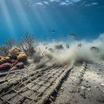 Bottom trawling net dragging along the seafloor, stirring sediment that clouds disturbed coral and sponge habitat.