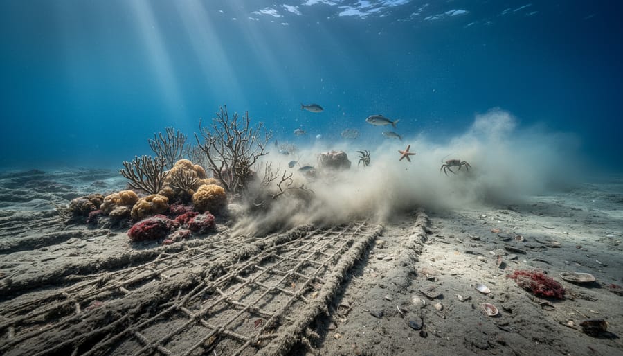 Bottom trawling net dragging along the seafloor, stirring sediment that clouds disturbed coral and sponge habitat.