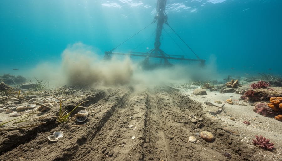 Churned seabed with disturbed sediment and broken shells, showing damage from bottom trawling