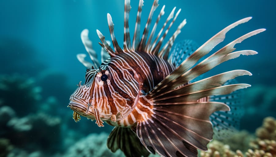 Close-up of a lionfish showing striped coloring and prominent spines on a coral reef