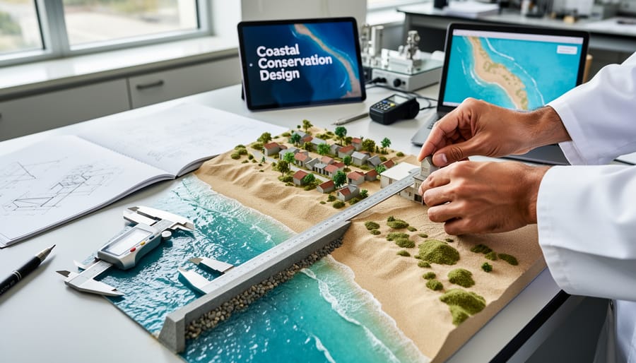 Close-up of engineering tools and a small coastal model on a lab workbench