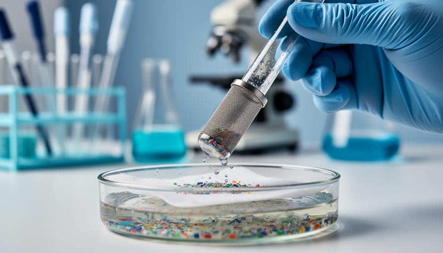 Close-up view of seawater in a clear sampling container with tiny suspended particles