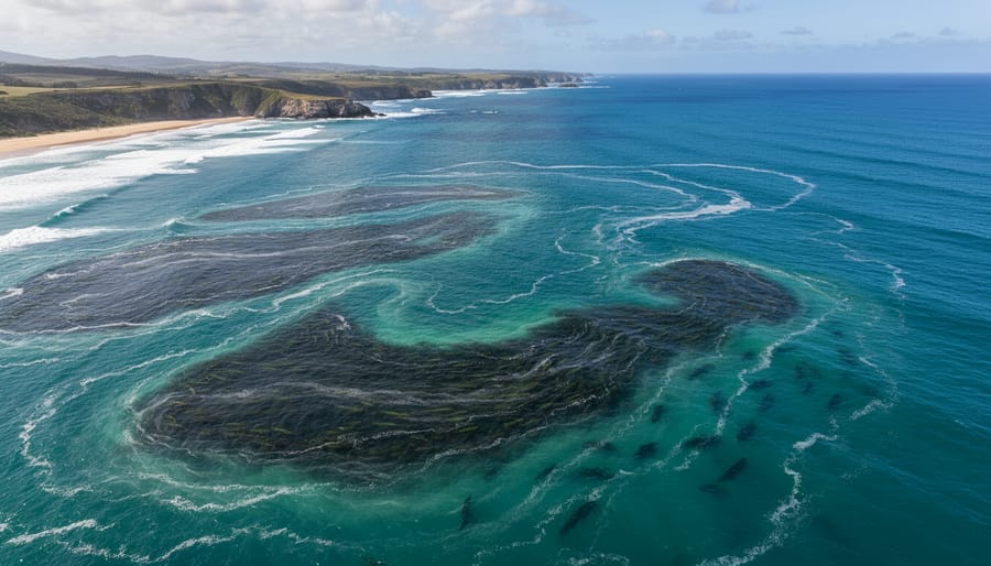 Coastal ocean water churning near the shore, suggesting upwelling and nutrient-rich flow.