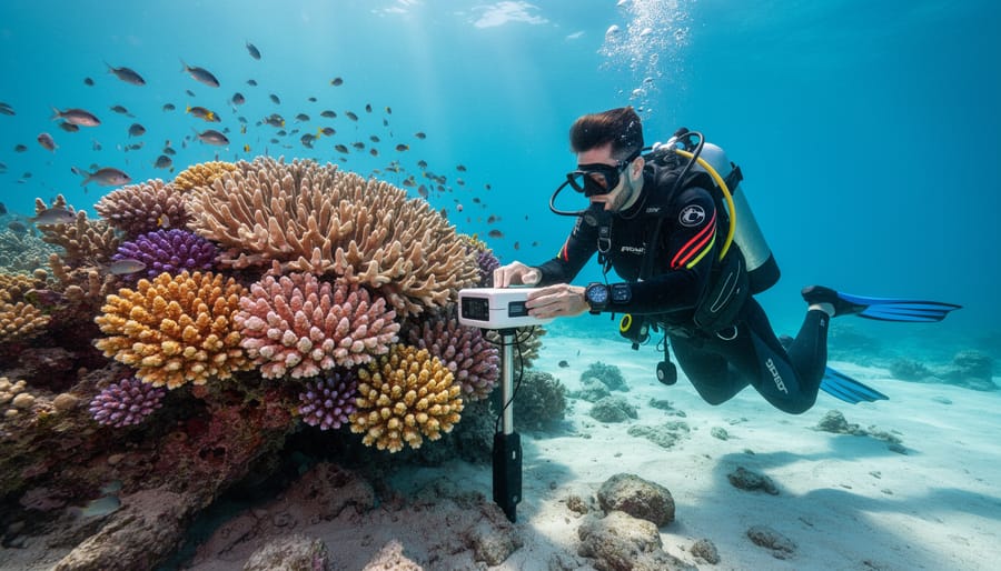 Diver placing an underwater monitoring sensor near a coral reef