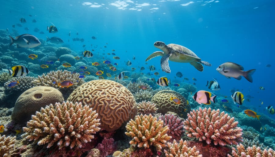 Diverse reef fish and colorful coral in clear blue ocean water