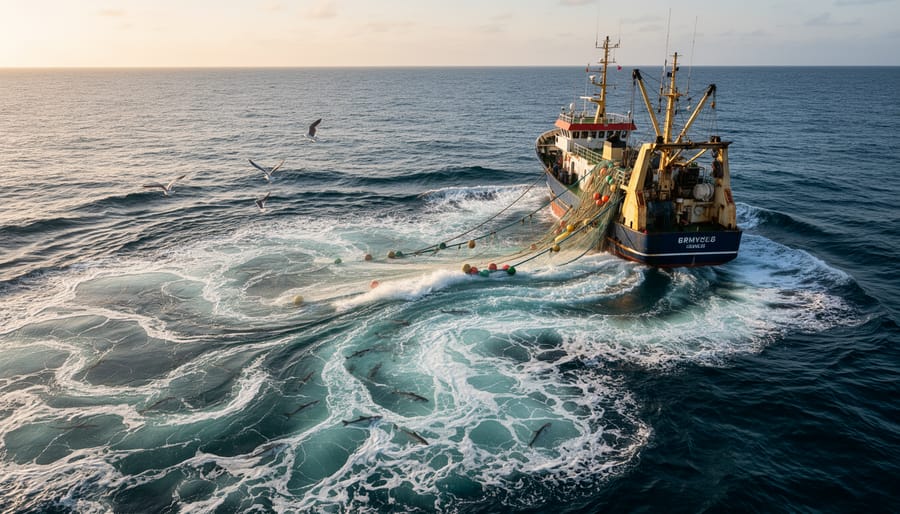 Fishing trawler towing bottom gear creating a trail of disturbed water