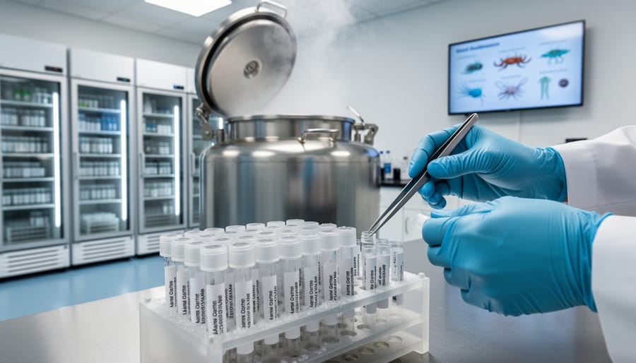Gloved hand holding forceps next to a cryovial with frozen droplets in a laboratory setting