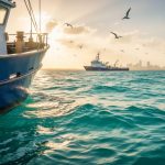 Fishing boat on turquoise Gulf of Mexico waters at golden hour, with distant vessels on the horizon and seabirds flying above.