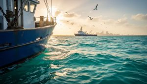 Fishing boat on turquoise Gulf of Mexico waters at golden hour, with distant vessels on the horizon and seabirds flying above.
