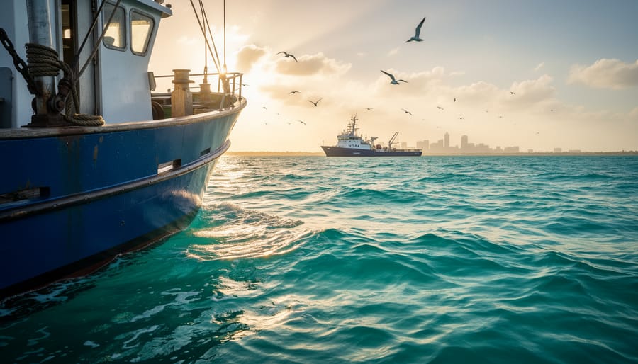 Fishing boat on turquoise Gulf of Mexico waters at golden hour, with distant vessels on the horizon and seabirds flying above.
