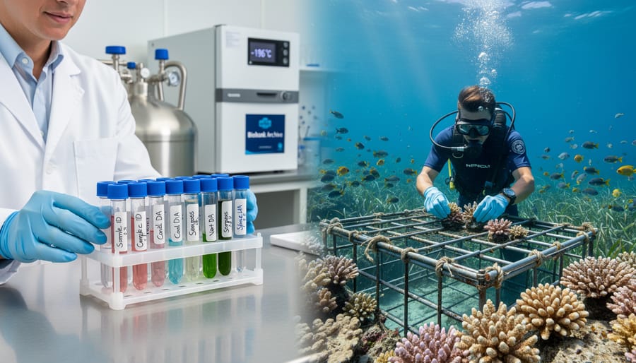 Healthy coral reef with colorful corals and small fish under clear blue water